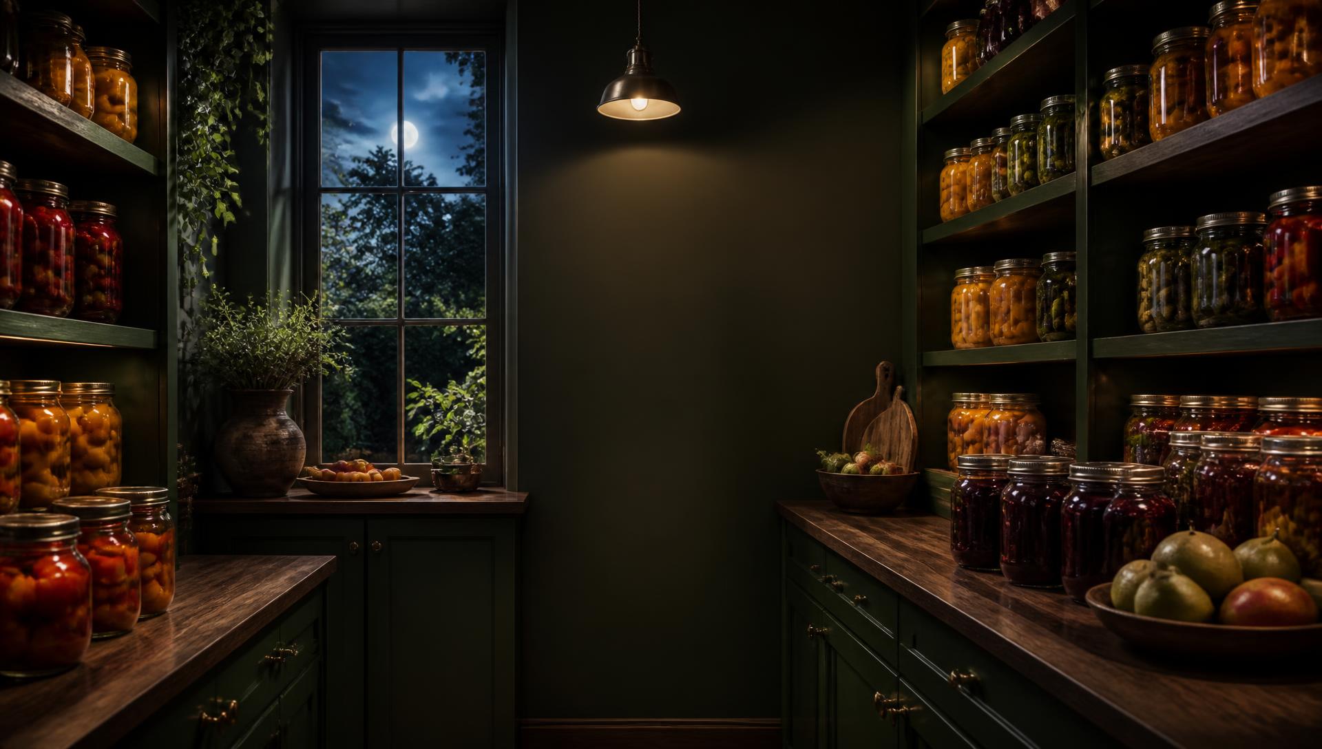 An evening pantry glowing with jewel-toned jars and a moonlit garden beyond