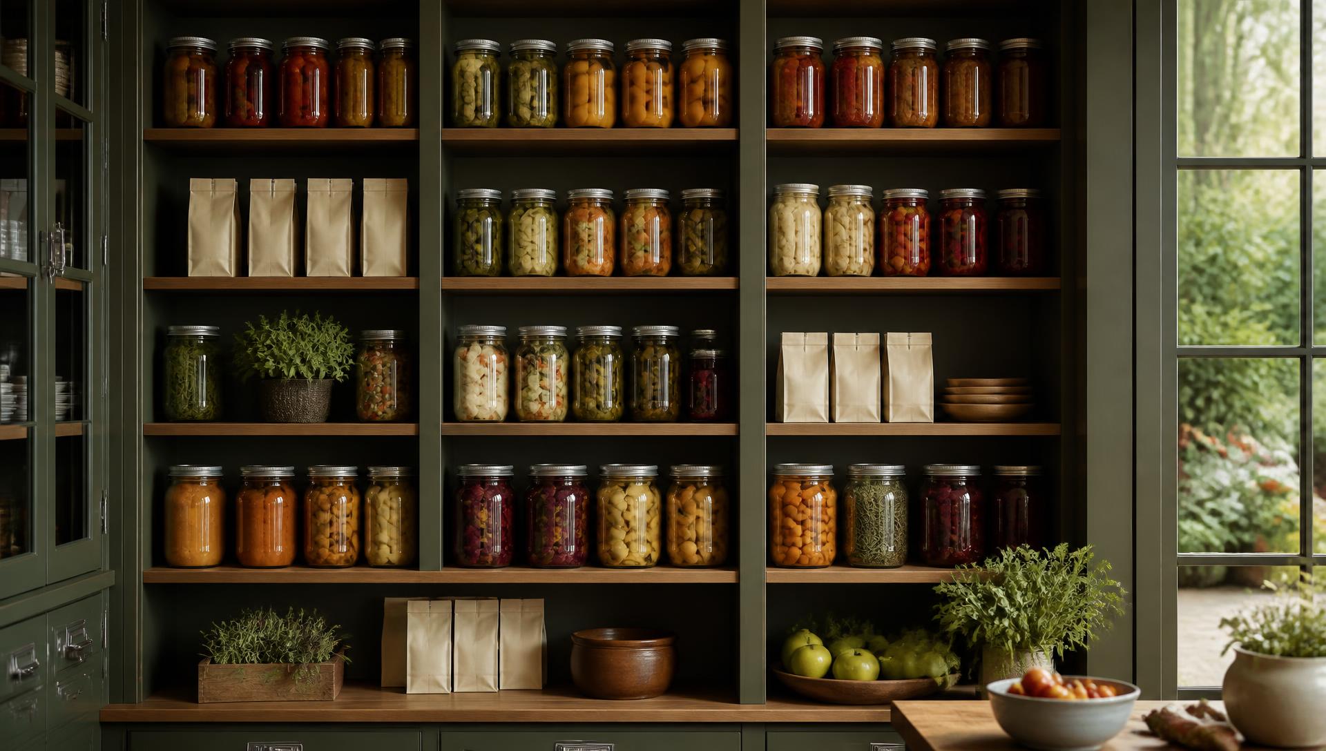 A forest-green pantry filled with colorful jars of preserved food