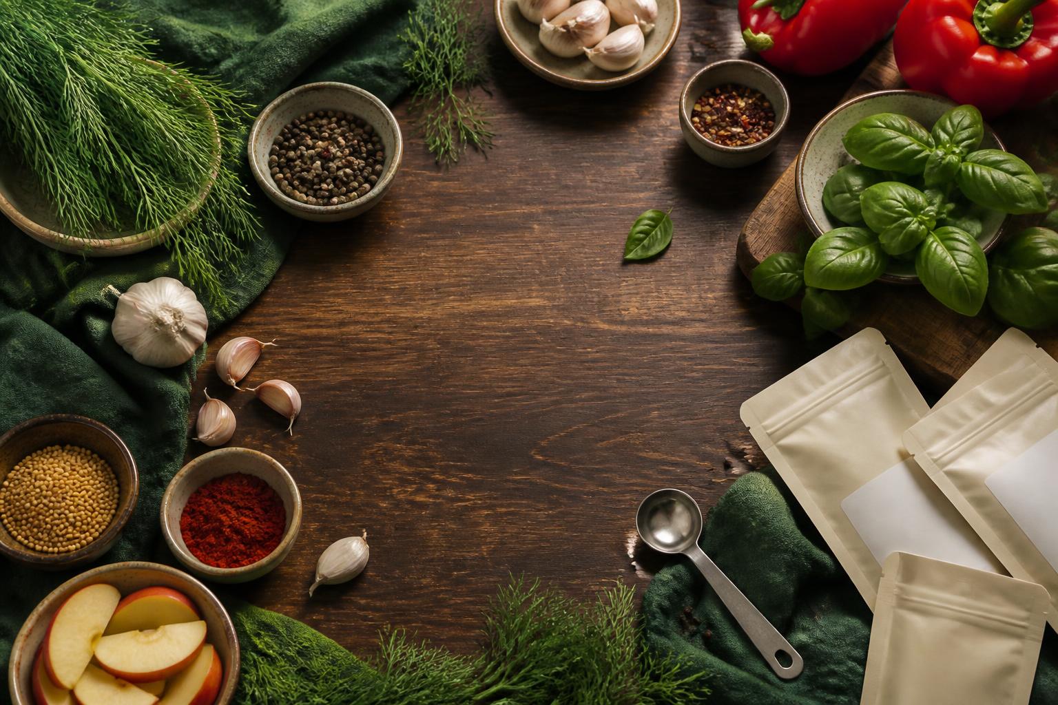 Fresh herbs, peppers, garlic and colorful spices on a farmhouse preparation table