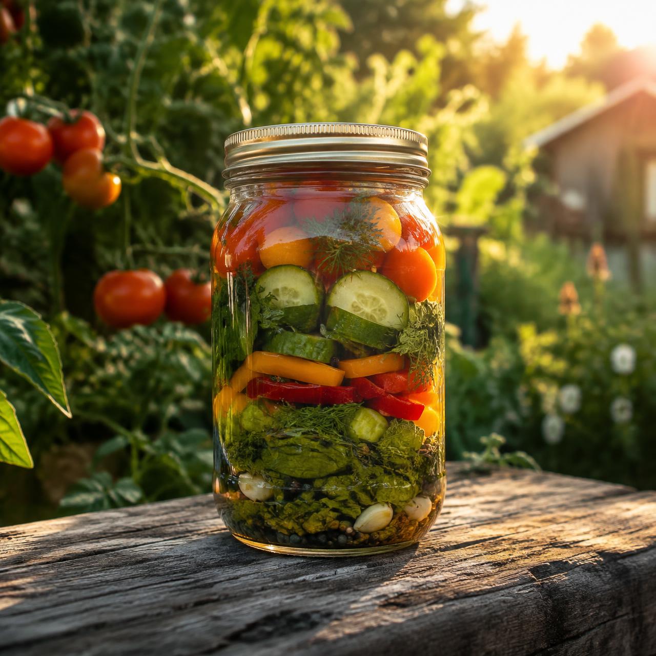 A glass jar of layered preserved garden vegetables glowing at golden hour